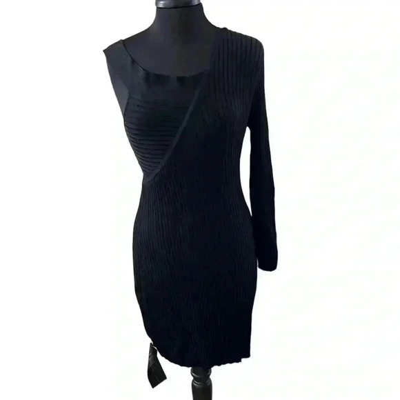 BCBGMaxAzria Karli One Shoulder Ribbed Fitted Bodycon Black Midi Dress S… - Picture 1 of 7